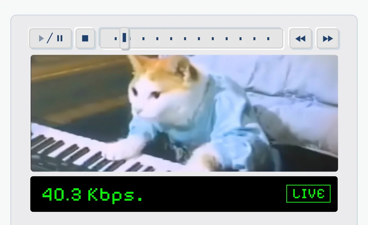 Animated browser mockup representing first livestreams in 1995